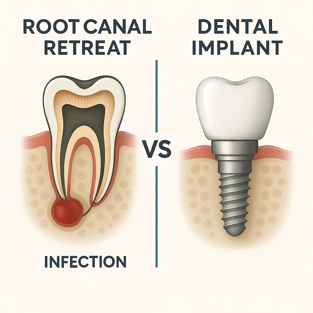Comparison of root canal retreatment versus dental implant, illustrating dental treatment options in Kansas City